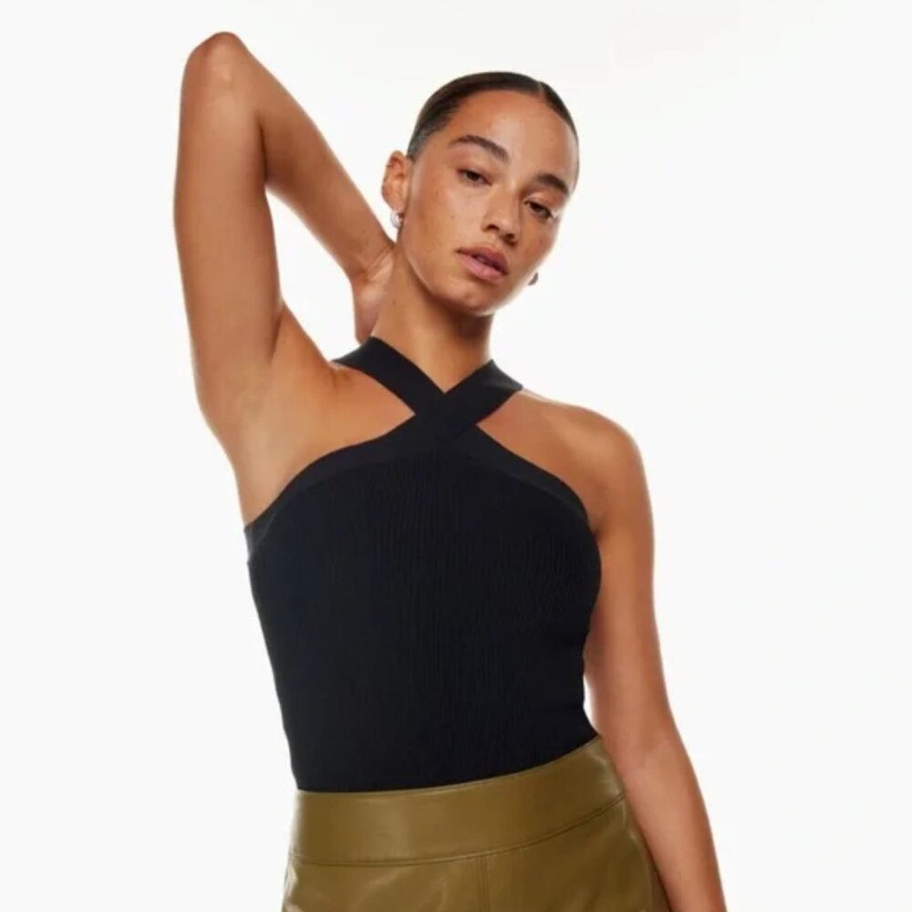 NWOT Aritzia Babaton Sculpt Knit Criss Cross Cropped Tank Black Size S